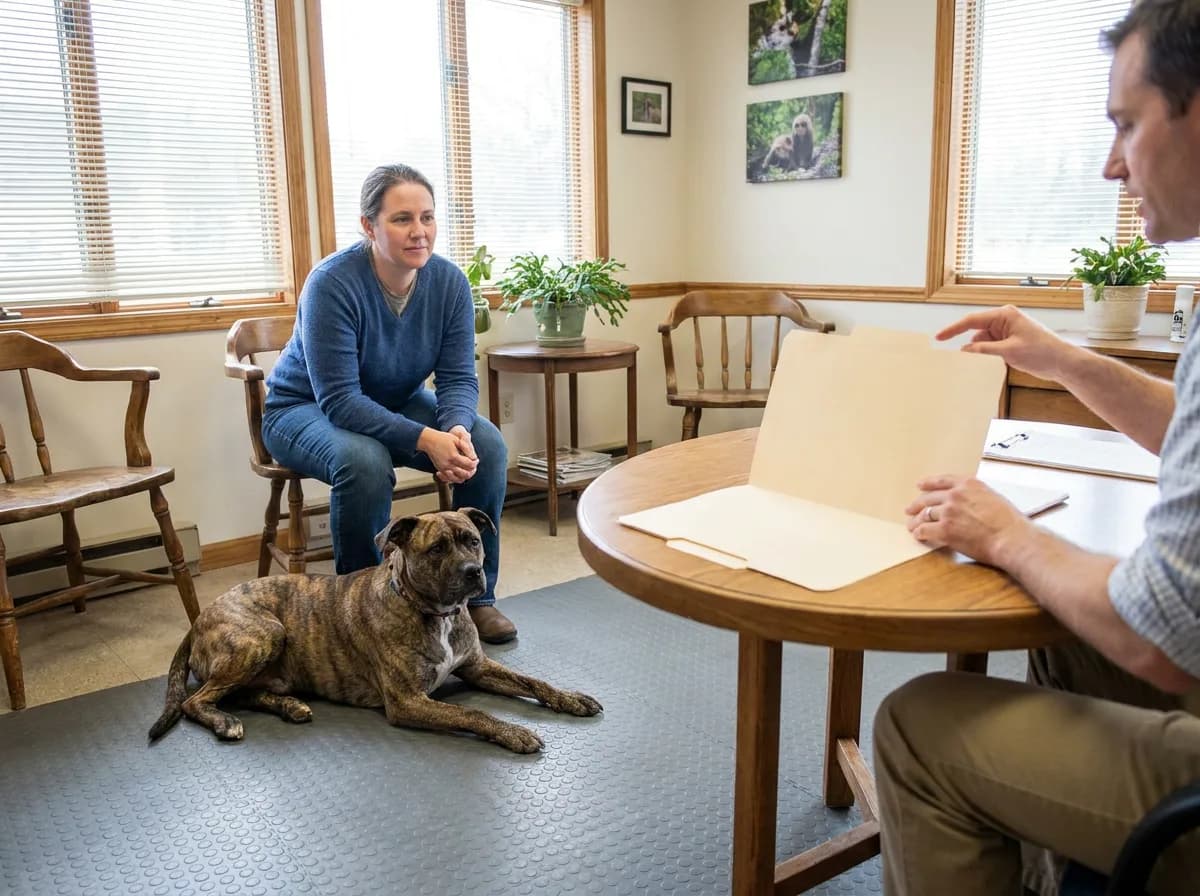 Caregiver discussing records at a consultation table while a brindle mixed dog rests nearby