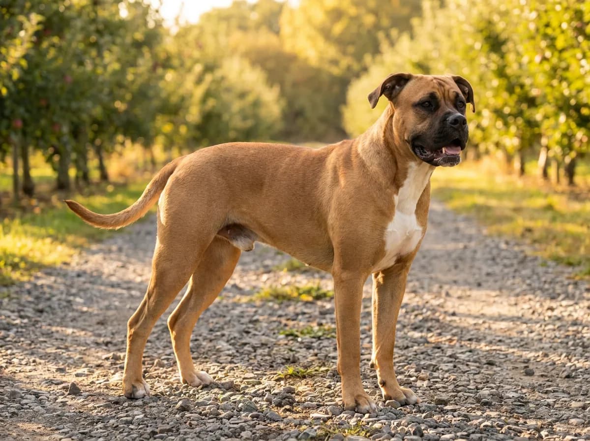 Fawn-and-white American Bulldog Boxer-type mixed dog standing on a gravel orchard path