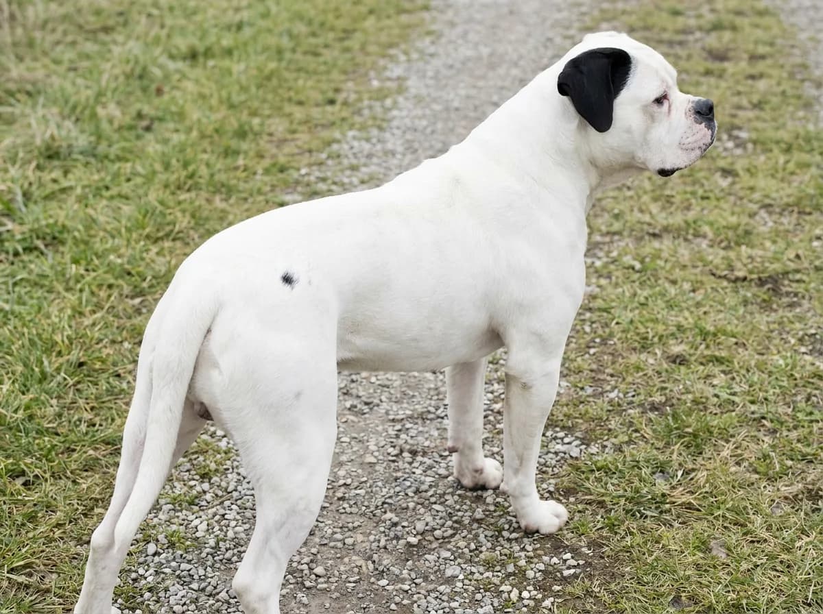 Mostly white American Bulldog with one black ear and a small body spot