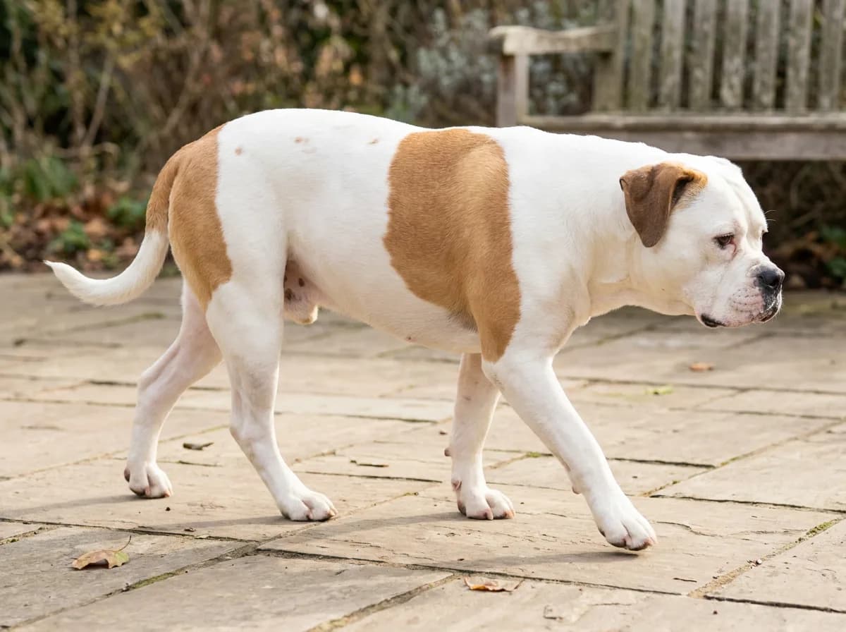 White-and-tan American Bulldog walking across a stone patio