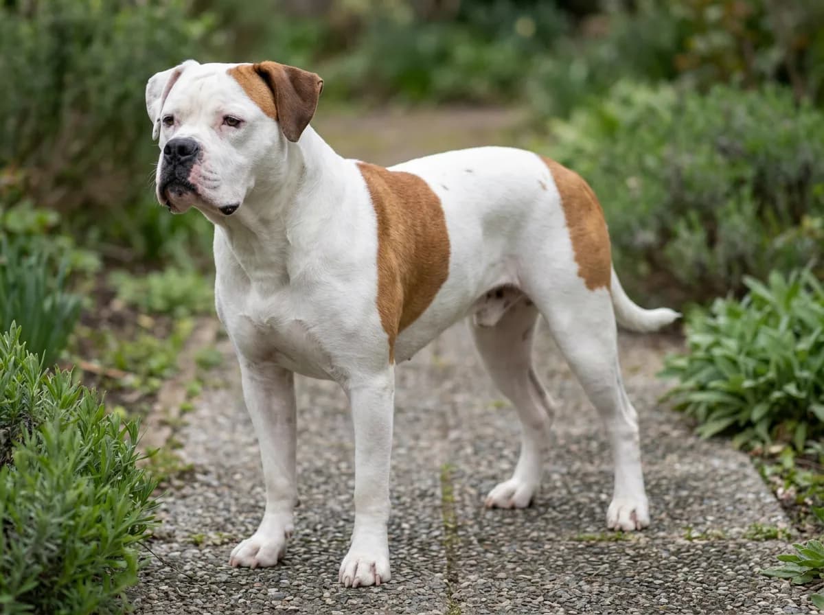 White-and-brown American Bulldog standing on a gravel garden path