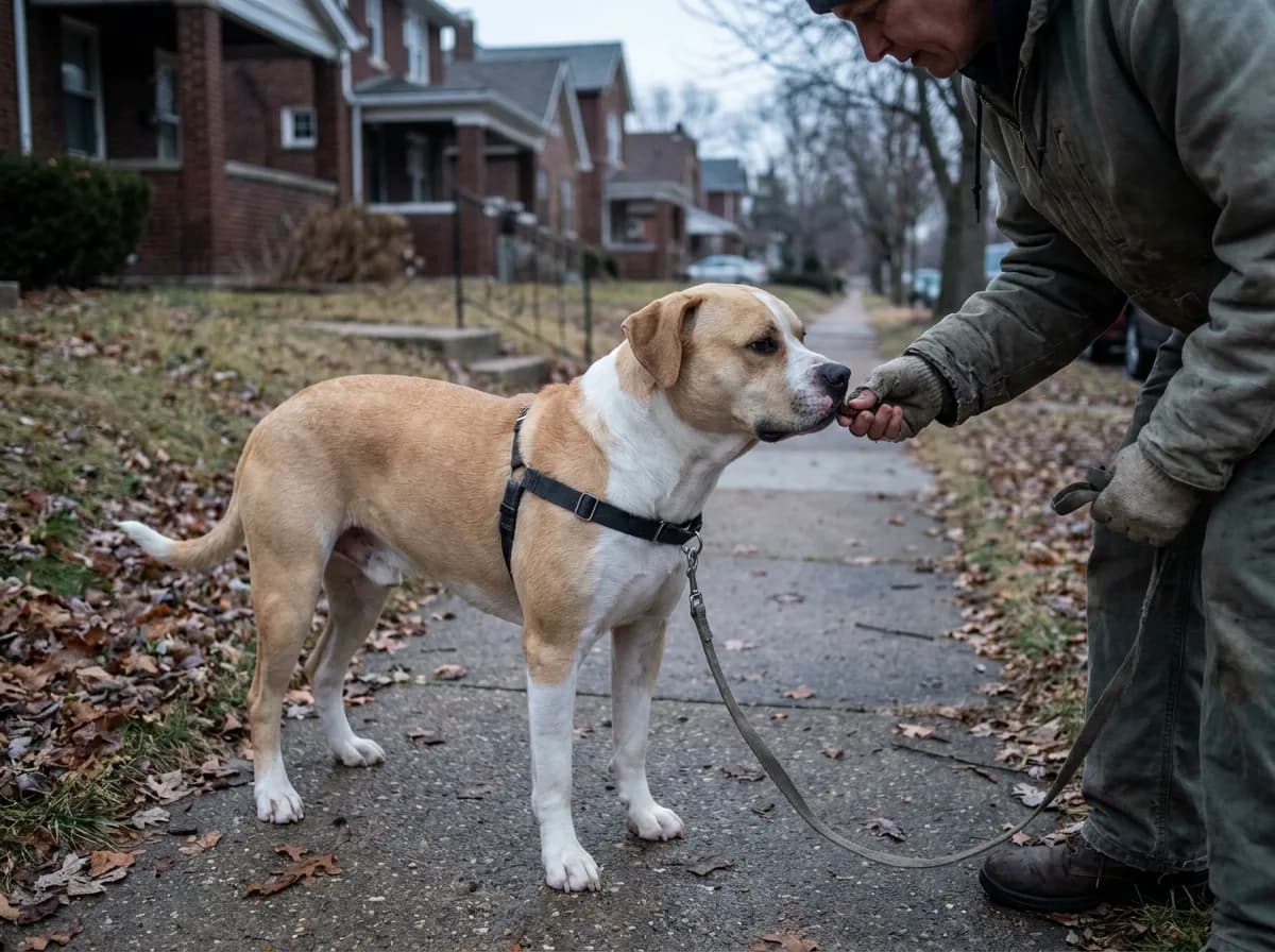 Caregiver rewarding a tan-and-white mixed dog during a leashed sidewalk walk