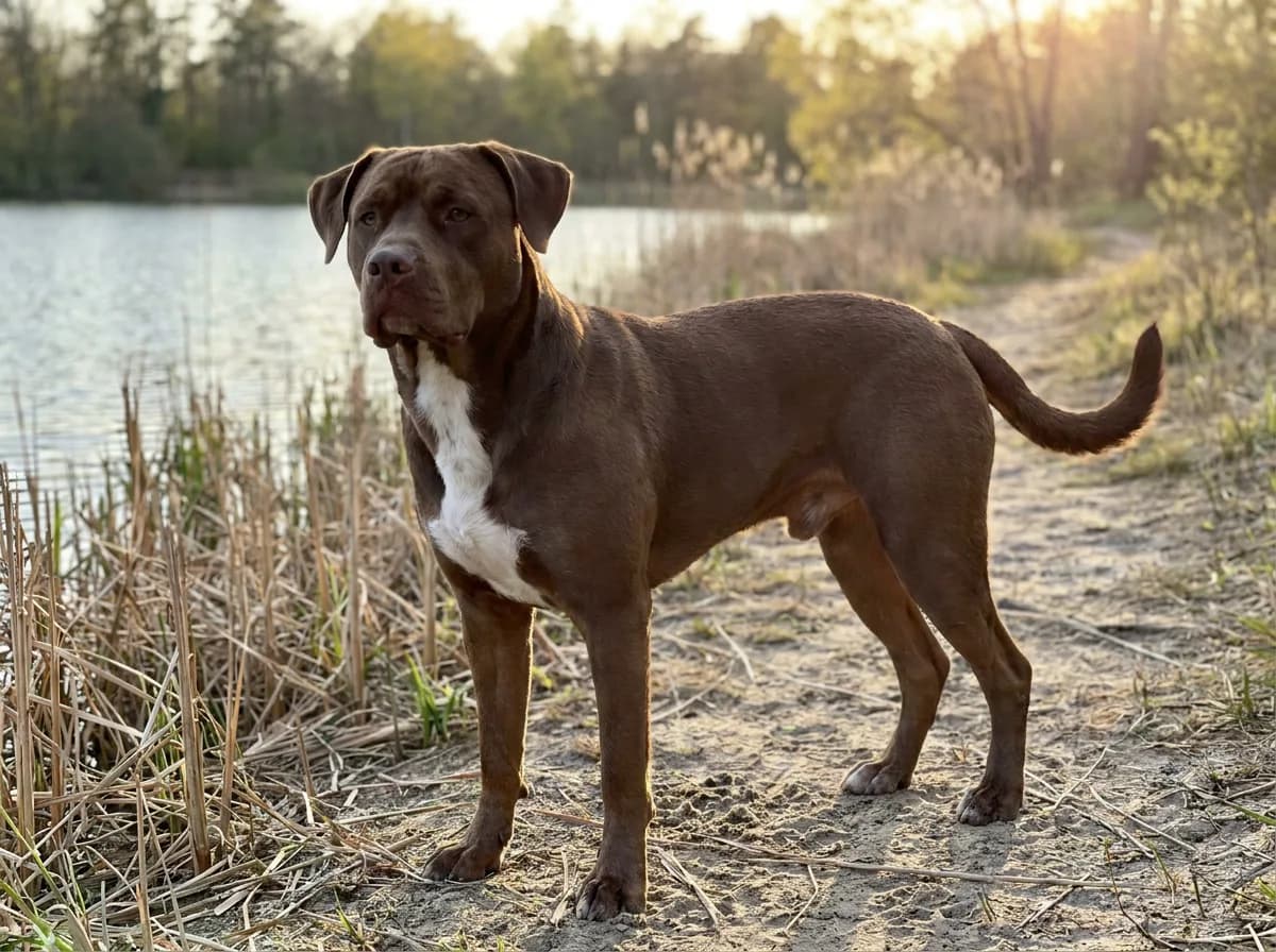 Chocolate-brown American Bulldog Lab-type mixed dog standing beside a lake