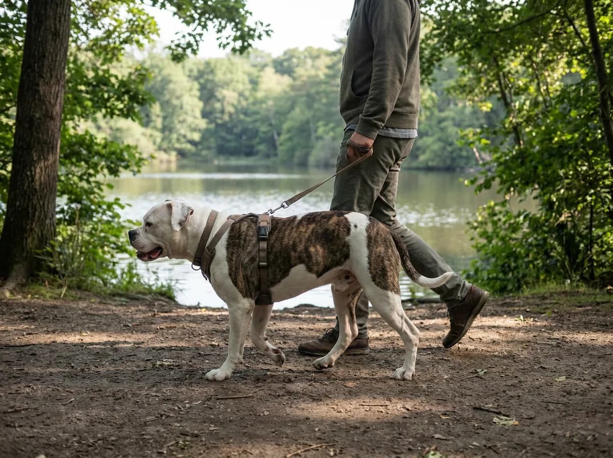 Caregiver walking a brindle-and-white American Bulldog beside a lake