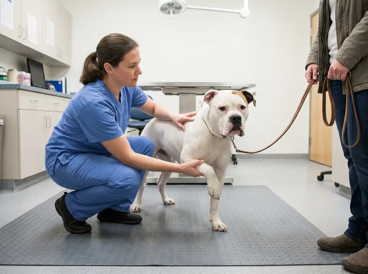 Veterinary professional examining an American Bulldog’s front leg on a nonslip floor