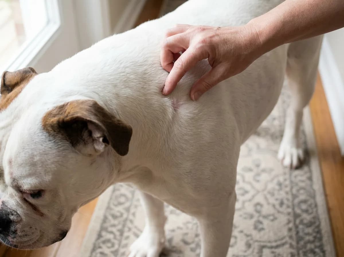 Caregiver gently parting an American Bulldog’s white coat to check the skin