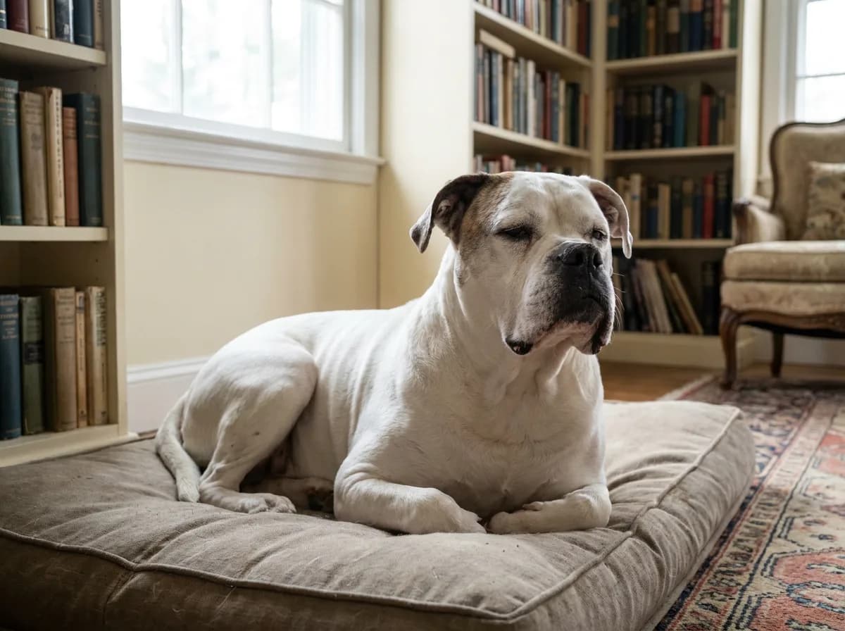 Older American Bulldog resting on a bed in a quiet room