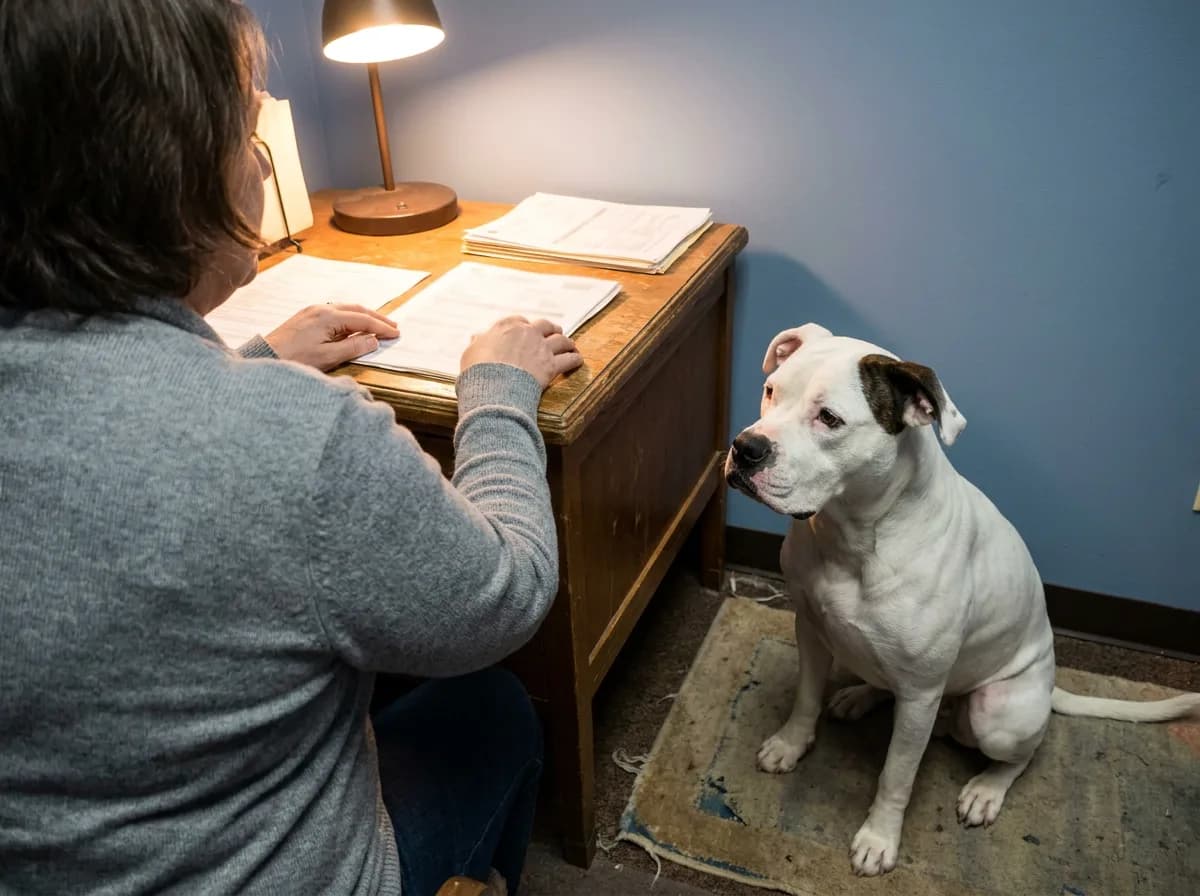 Caregiver reviewing paperwork while a white mixed dog rests beside the desk