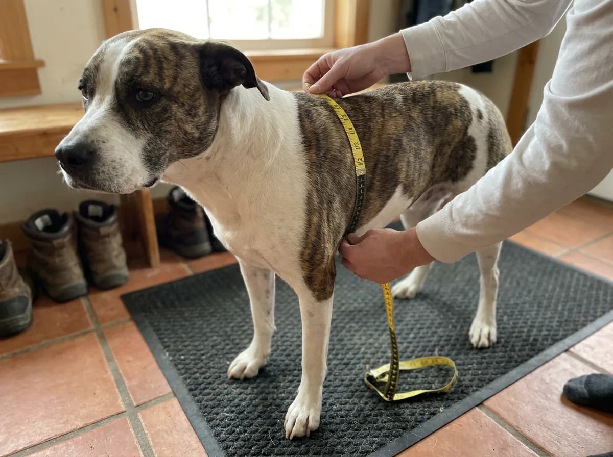 Caregiver measuring chest girth behind the front legs of a brindle-and-white mixed dog
