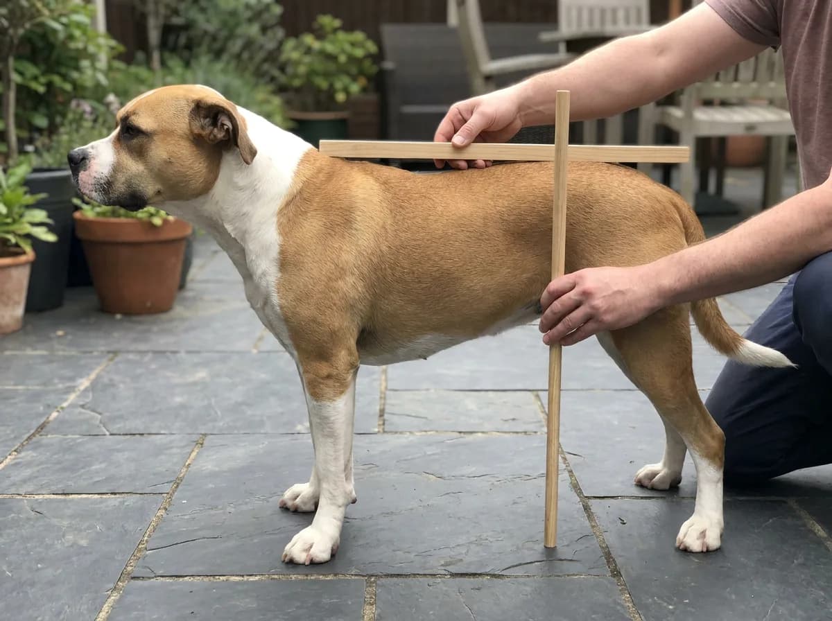 Caregiver using a wooden height wicket beside a tan-and-white mixed dog standing on level paving