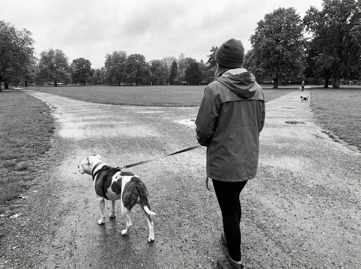 Handler walking a black-and-white mixed dog with another dog and handler at a distance