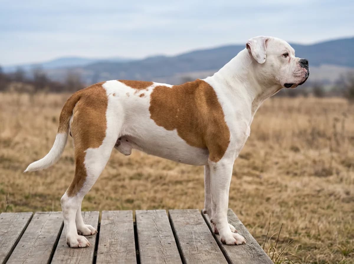 White-and-brown American Bulldog standing in side profile on a wooden terrace