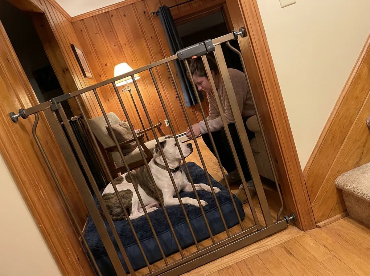 White mixed dog resting on a blue bed behind a doorway gate with a caregiver nearby