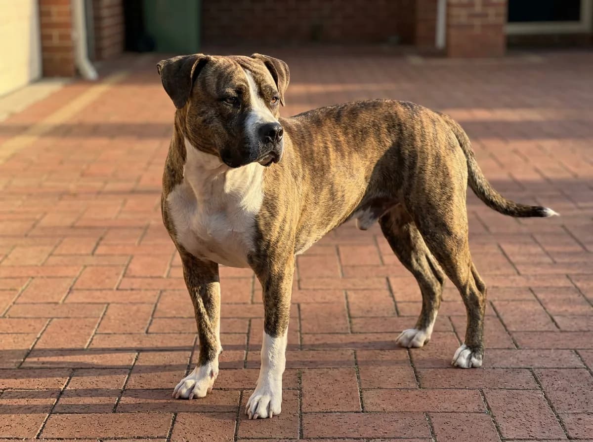 Brindle-and-white American Bulldog Pitbull-type mixed dog standing in a brick courtyard