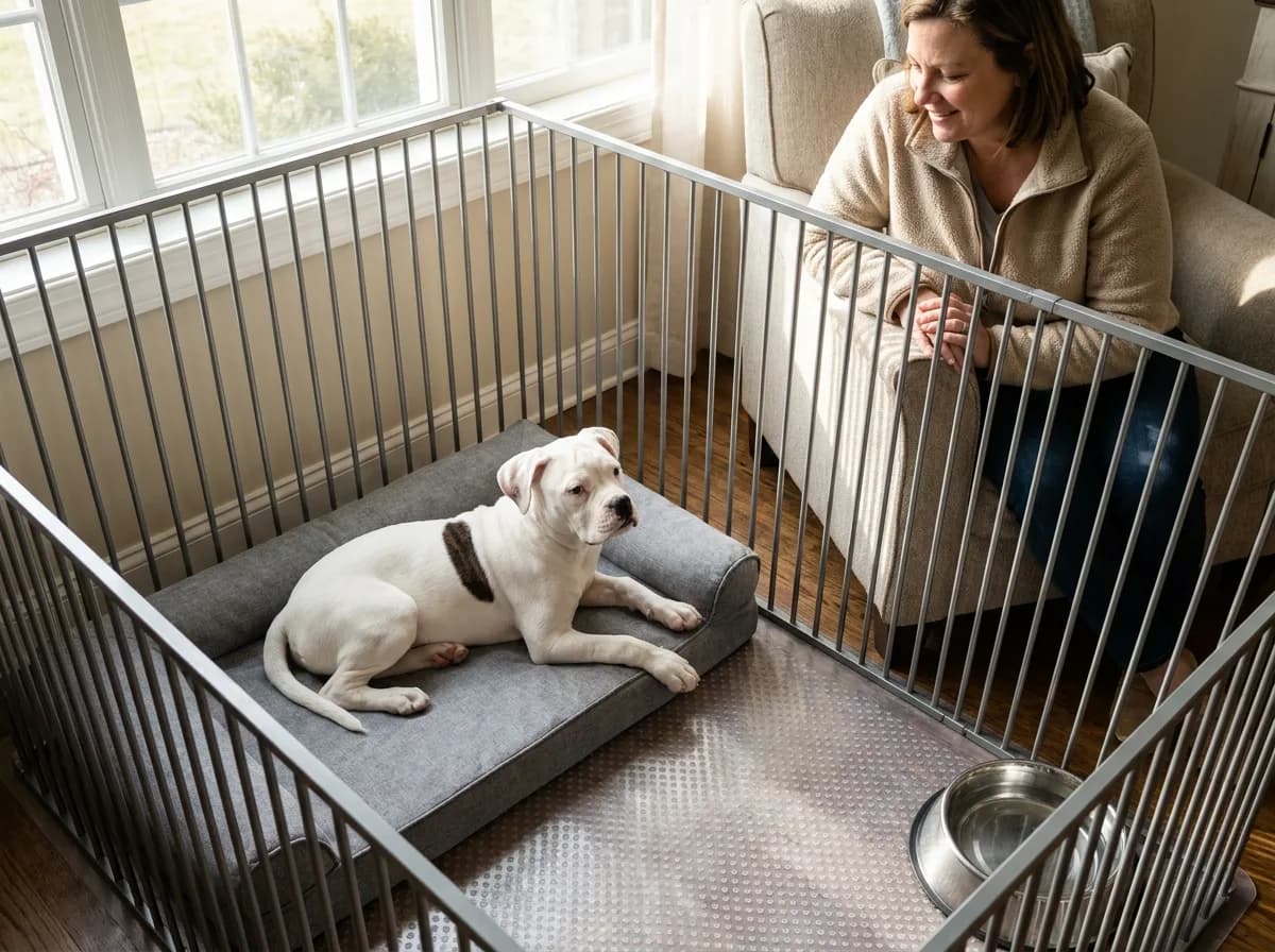 American Bulldog puppy resting on a bed in a pen beside a caregiver