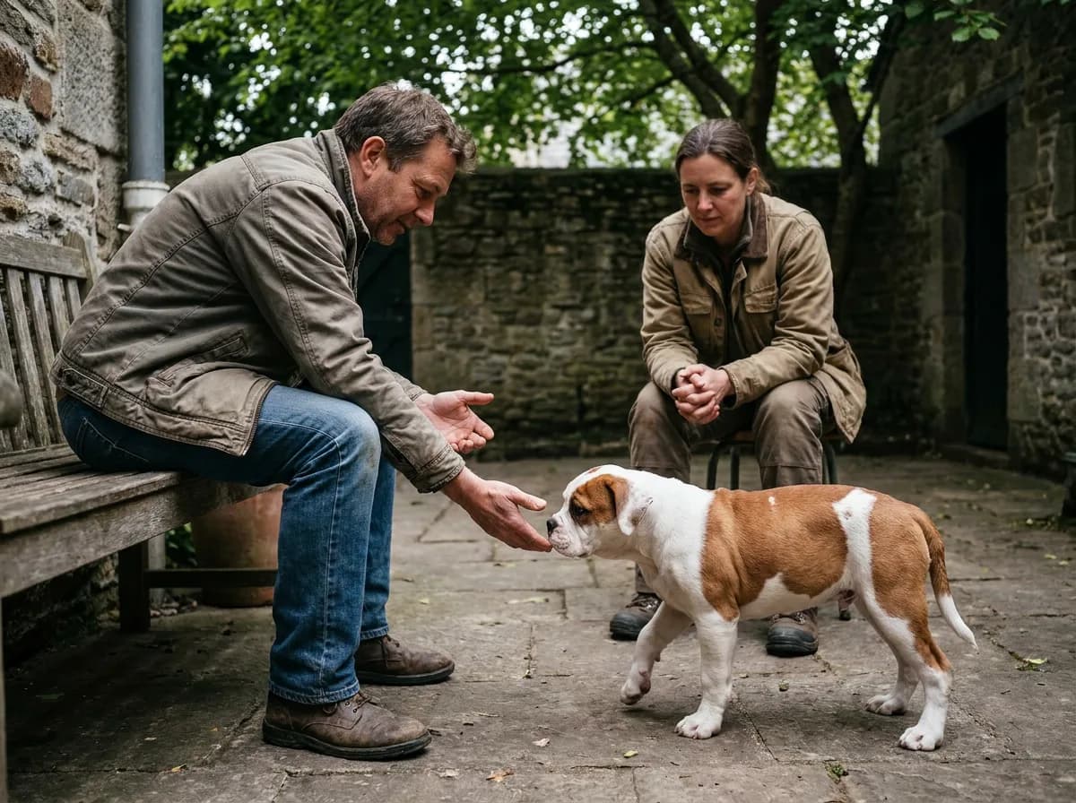Two adults meeting a brown-and-white American Bulldog puppy in a courtyard