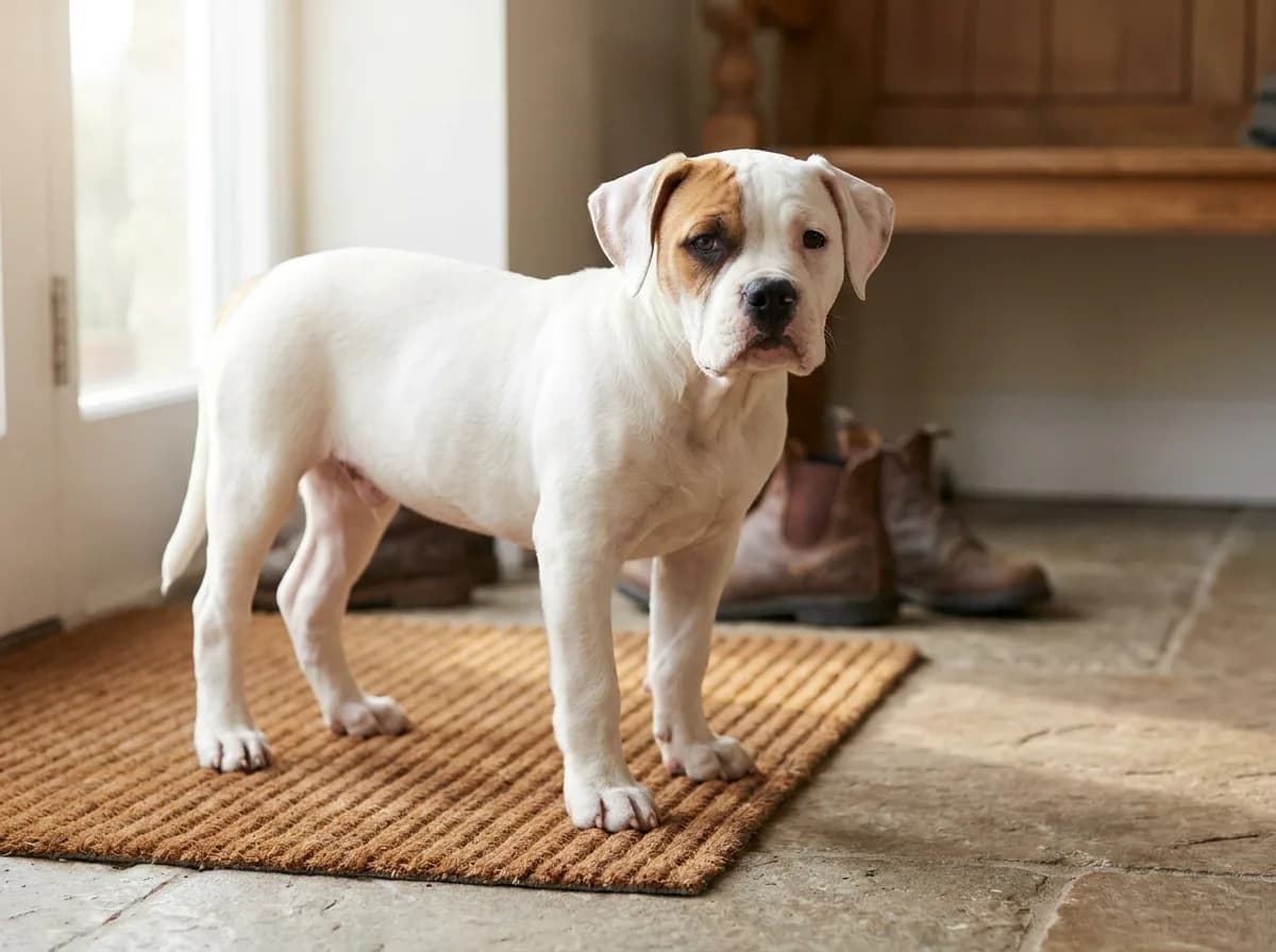 White-and-brown American Bulldog puppy standing on a mat by an entrance