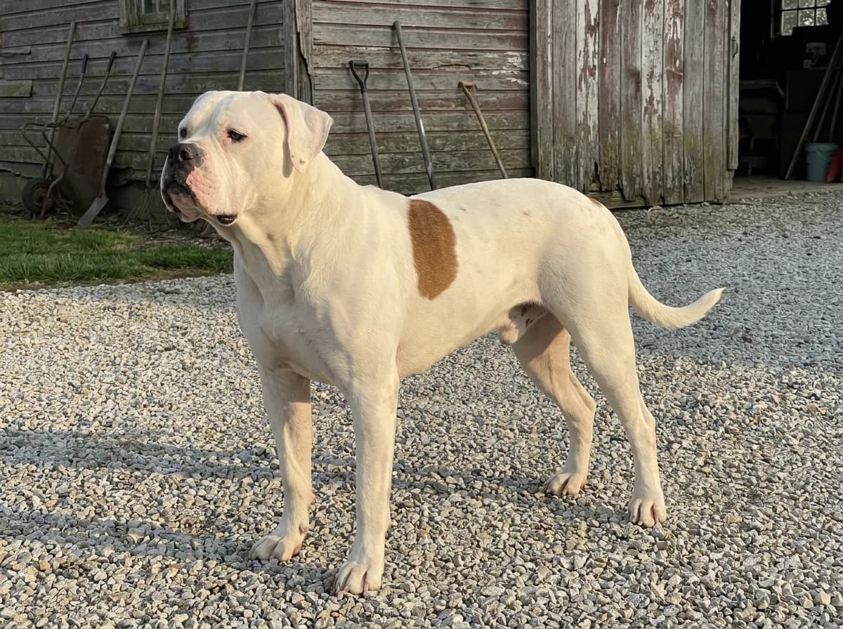 Stocky white-and-brown American Bulldog standing near a barn