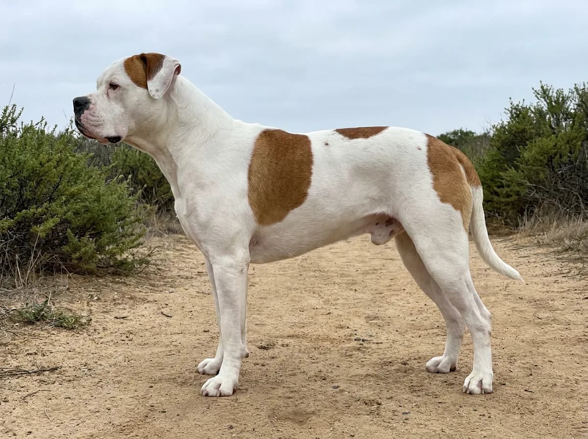 More athletic white-and-brown American Bulldog standing in side profile