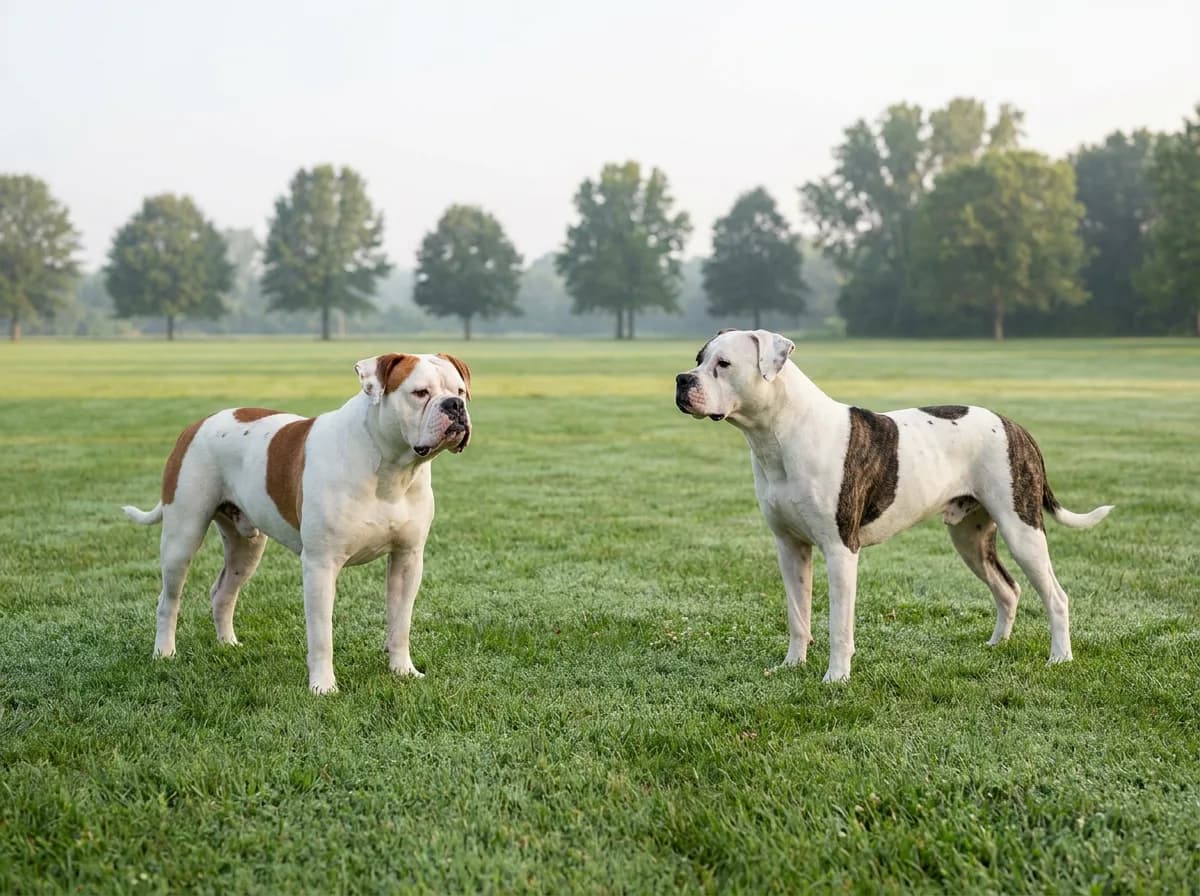 Two American Bulldogs with different builds standing in a grassy field