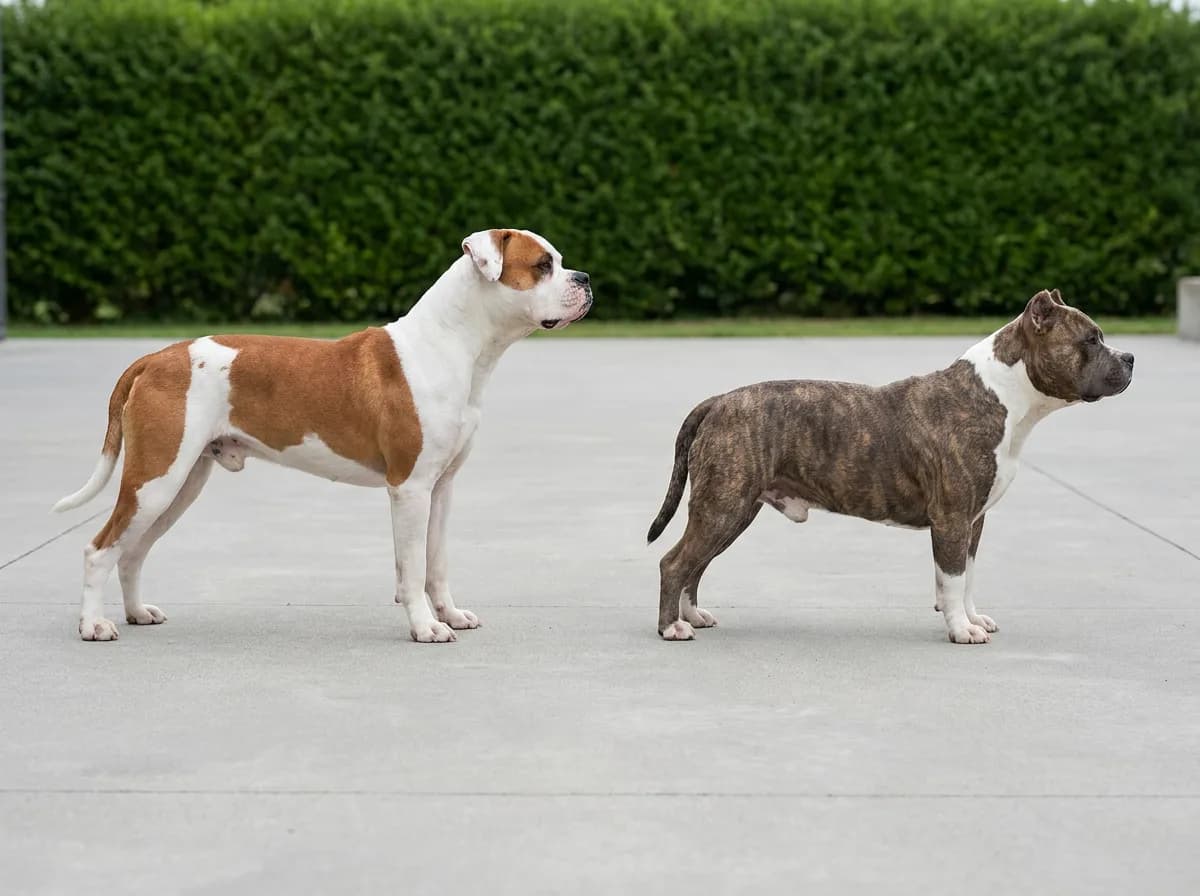 American Bulldog and American Bully standing in side profile on a paved patio