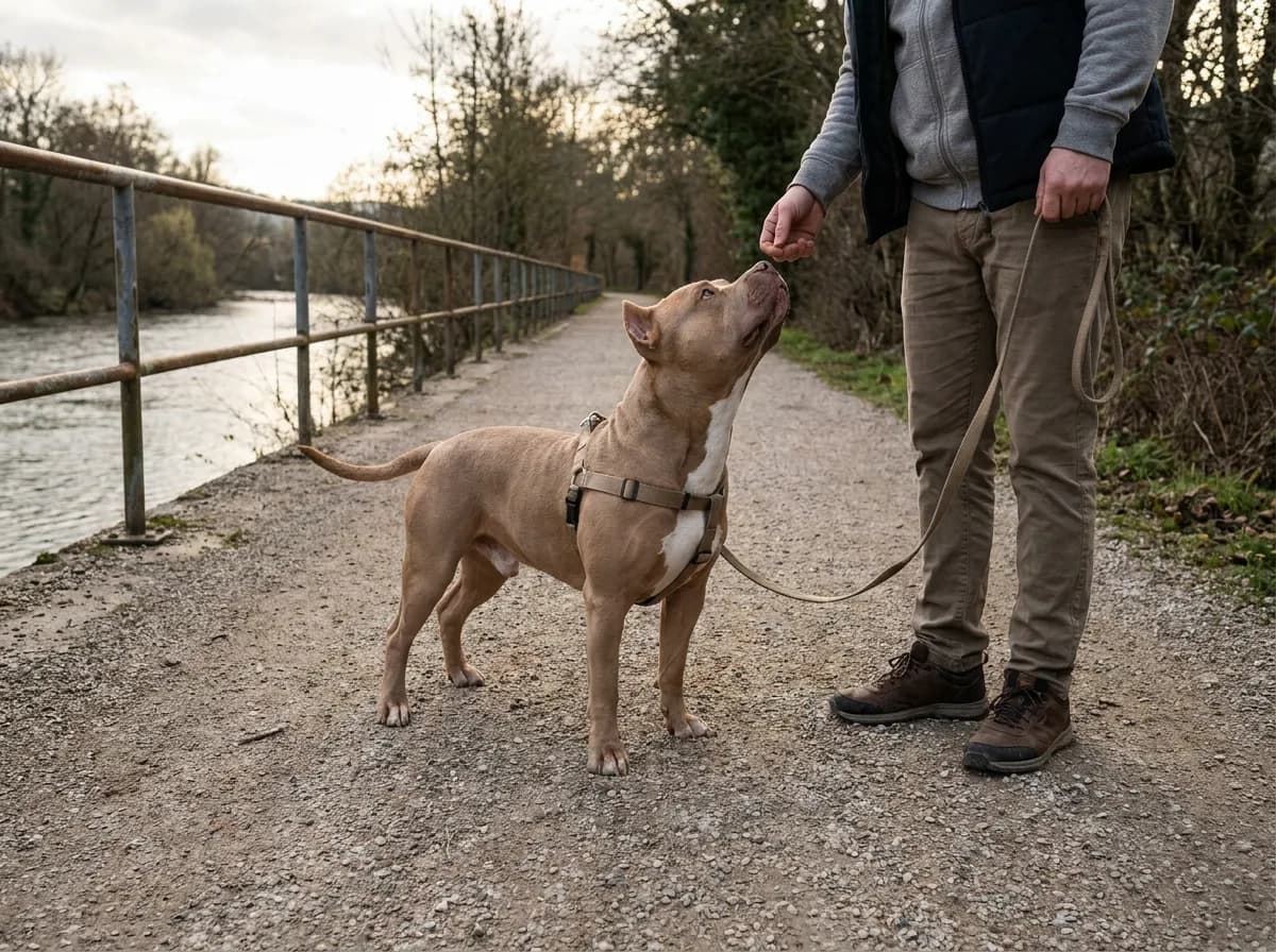 Caregiver rewarding an American Bully wearing a harness on a path