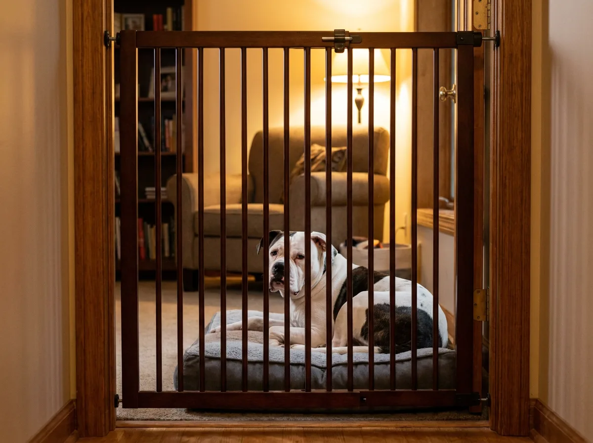 American Bulldog resting on a bed behind a doorway gate
