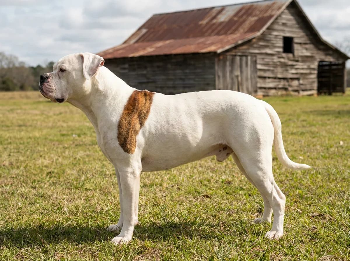 White-and-brown American Bulldog standing in side profile by a barn