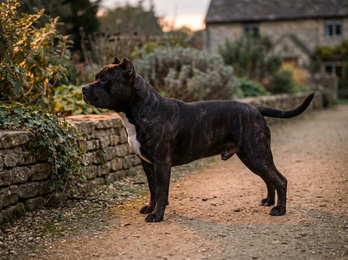 Dark brindle American Bully standing in side profile beside a stone wall