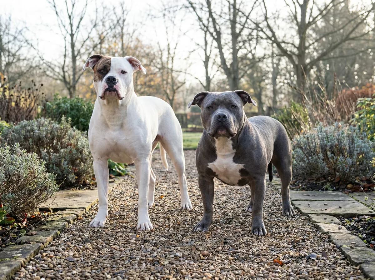 Tall white American Bulldog beside a shorter broad gray American Bully on a garden path