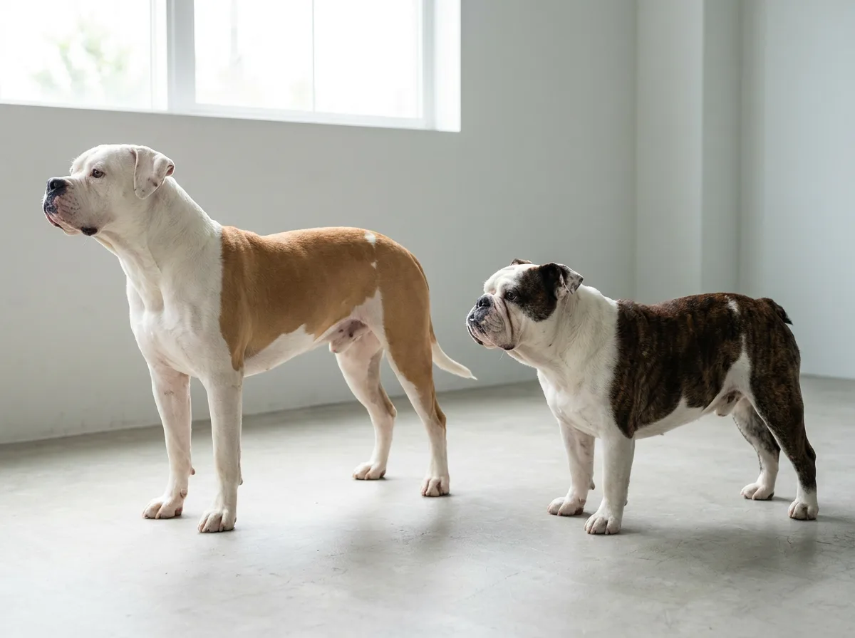 Tall white-and-tan American Bulldog beside a shorter white-and-brindle English Bulldog on the same level floor