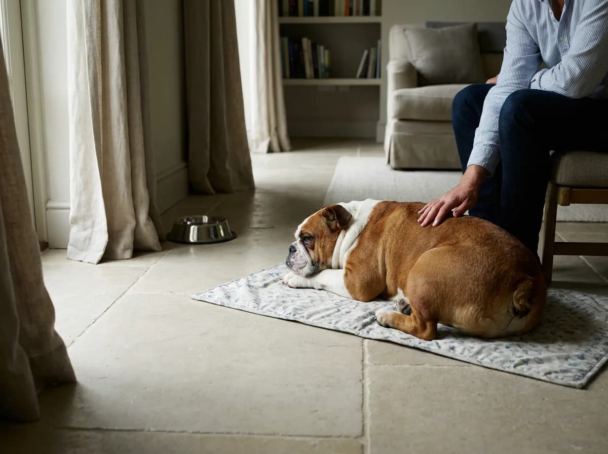 English Bulldog resting on a mat beside a seated caregiver