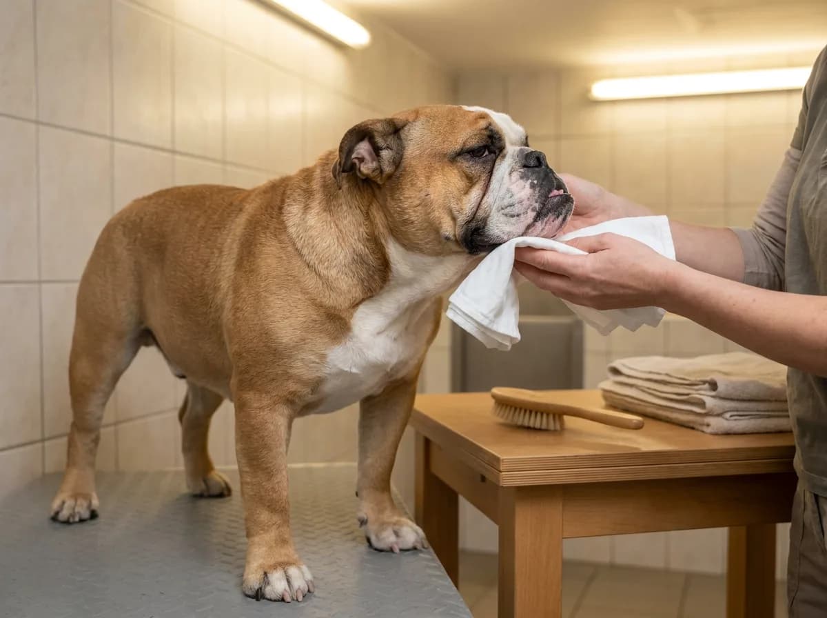 Caregiver gently wiping beneath an English Bulldog’s chin