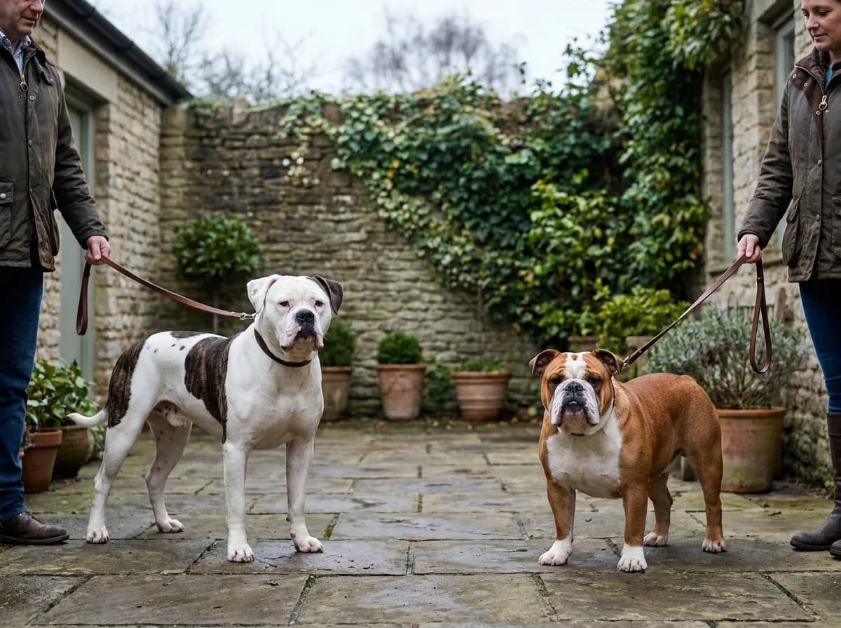 Tall American Bulldog and shorter brown-and-white English Bulldog with handlers in a courtyard