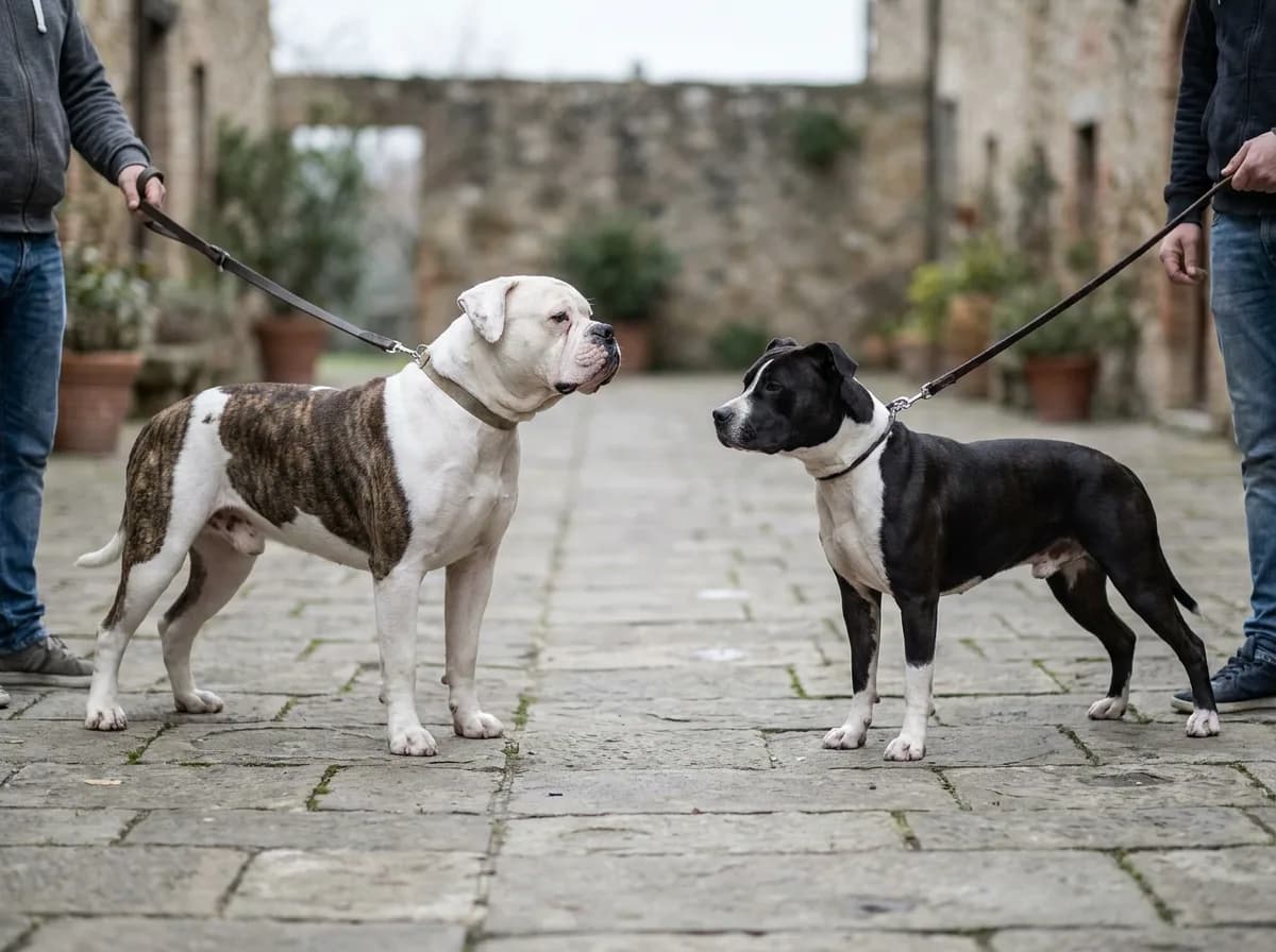 White-and-brindle American Bulldog and black-and-white pit-bull-type dog standing with handlers