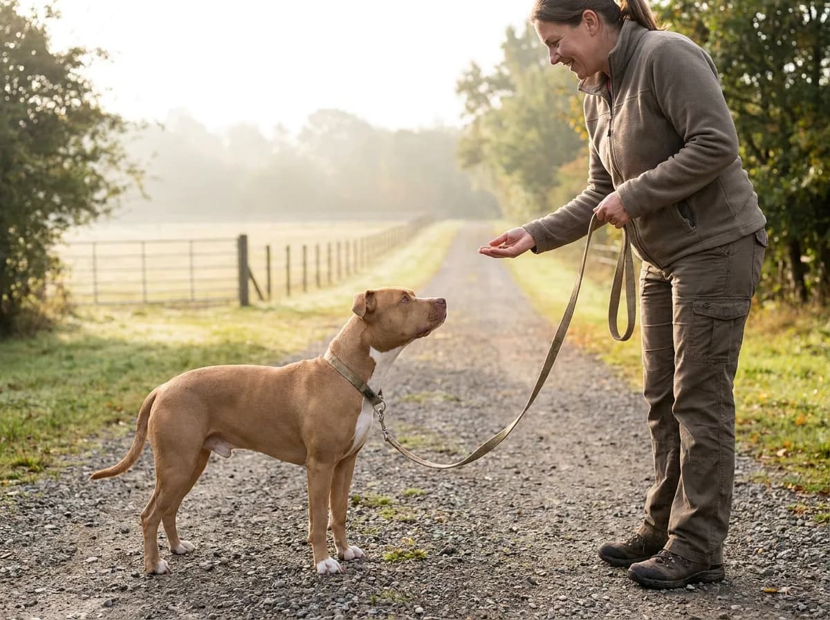 Caregiver rewarding a leashed tan pit-bull-type dog on a woodland path