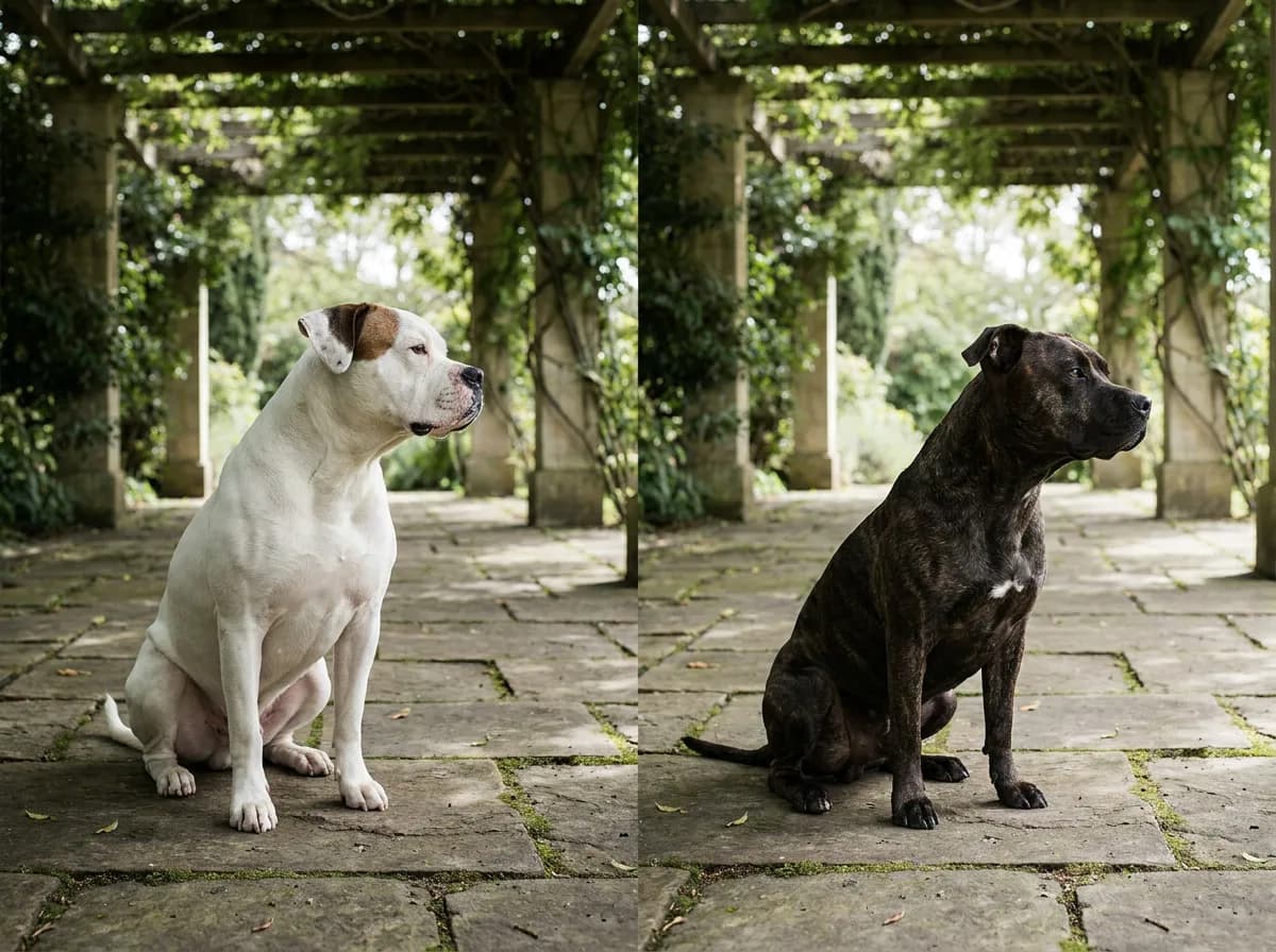 White American Bulldog and brindle pit-bull-type dog sitting apart on a patio