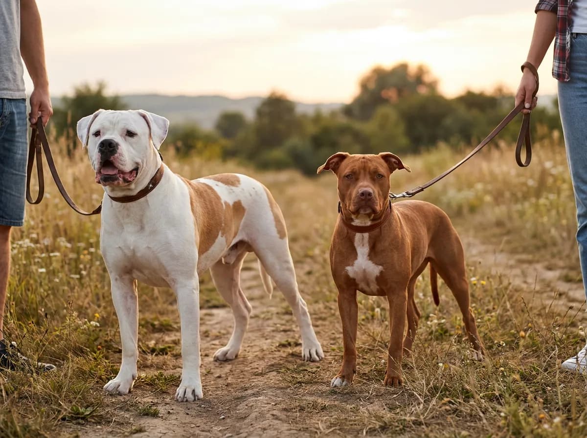 Larger white-and-brown American Bulldog and smaller red pit-bull-type dog on separate leashes