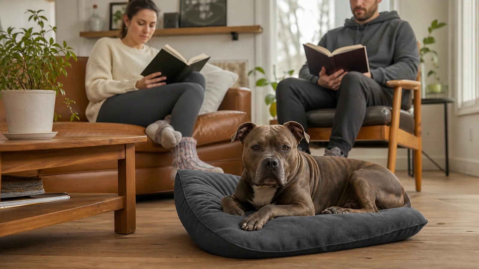 Calm adult American Bully relaxing with its owner in a practical family living room