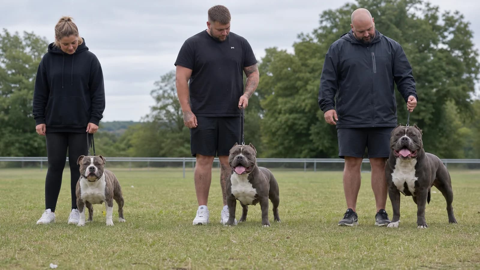 Three healthy adult American Bullies of visibly different heights standing at the same camera scale