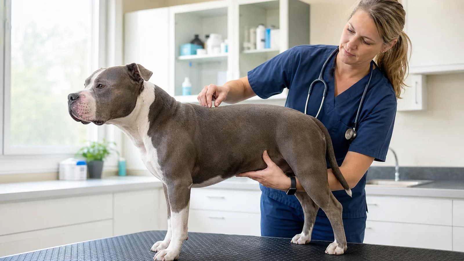 Veterinarian assessing ribs, waist, and muscle condition on a standing American Bully