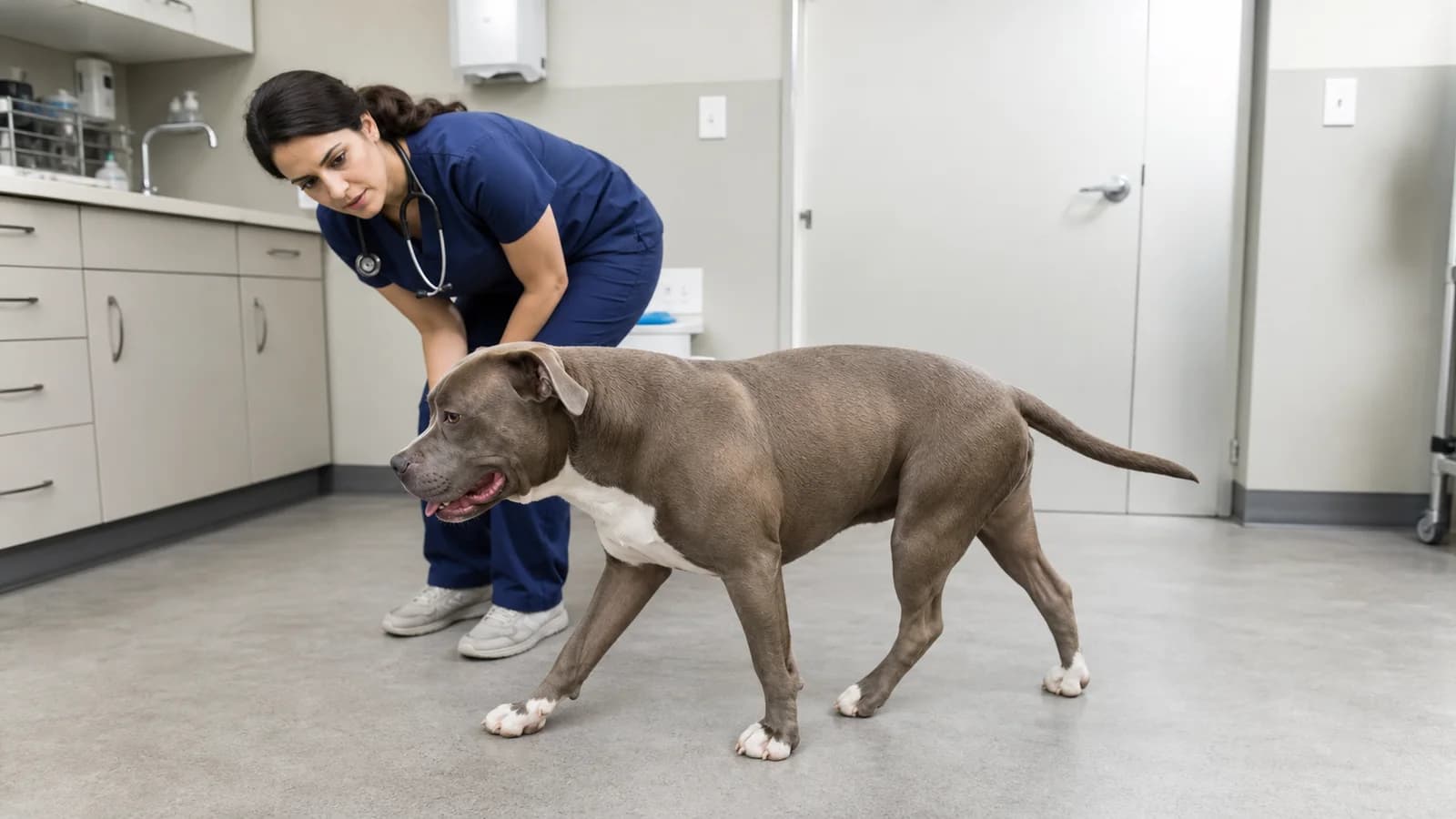 Side-view veterinary gait assessment of an American Bully walking on a non-slip clinic floor