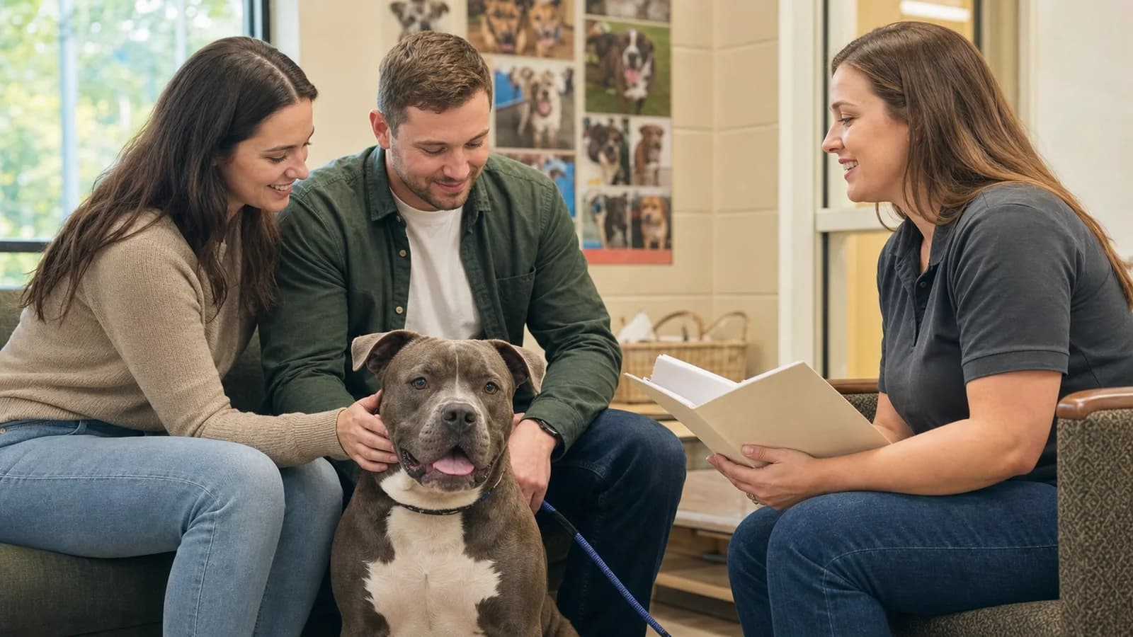 An American Bully adoption meeting with records and counselor support