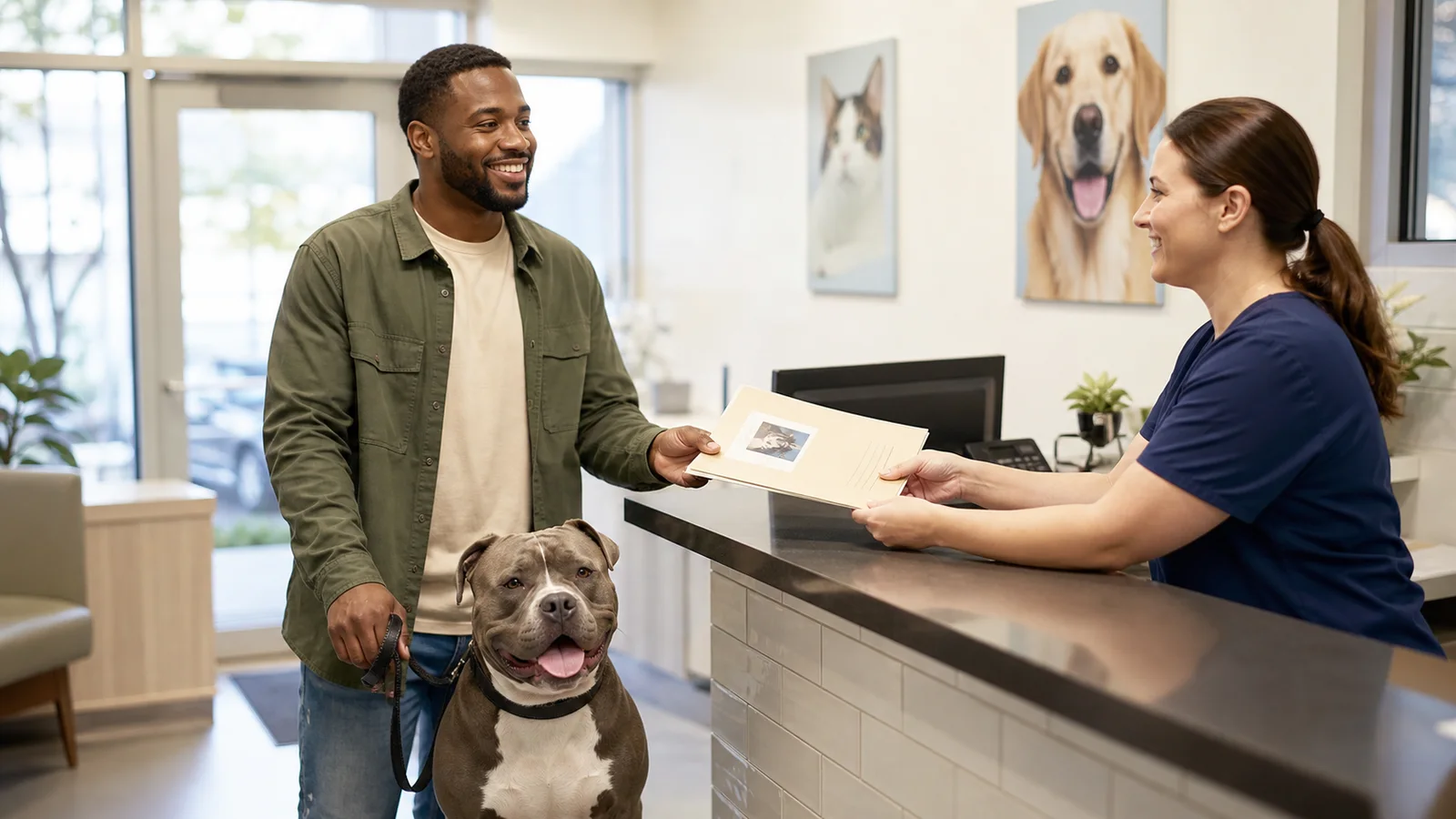 A calm veterinary checkout with an American Bully owner and organized care folder without visible prices
