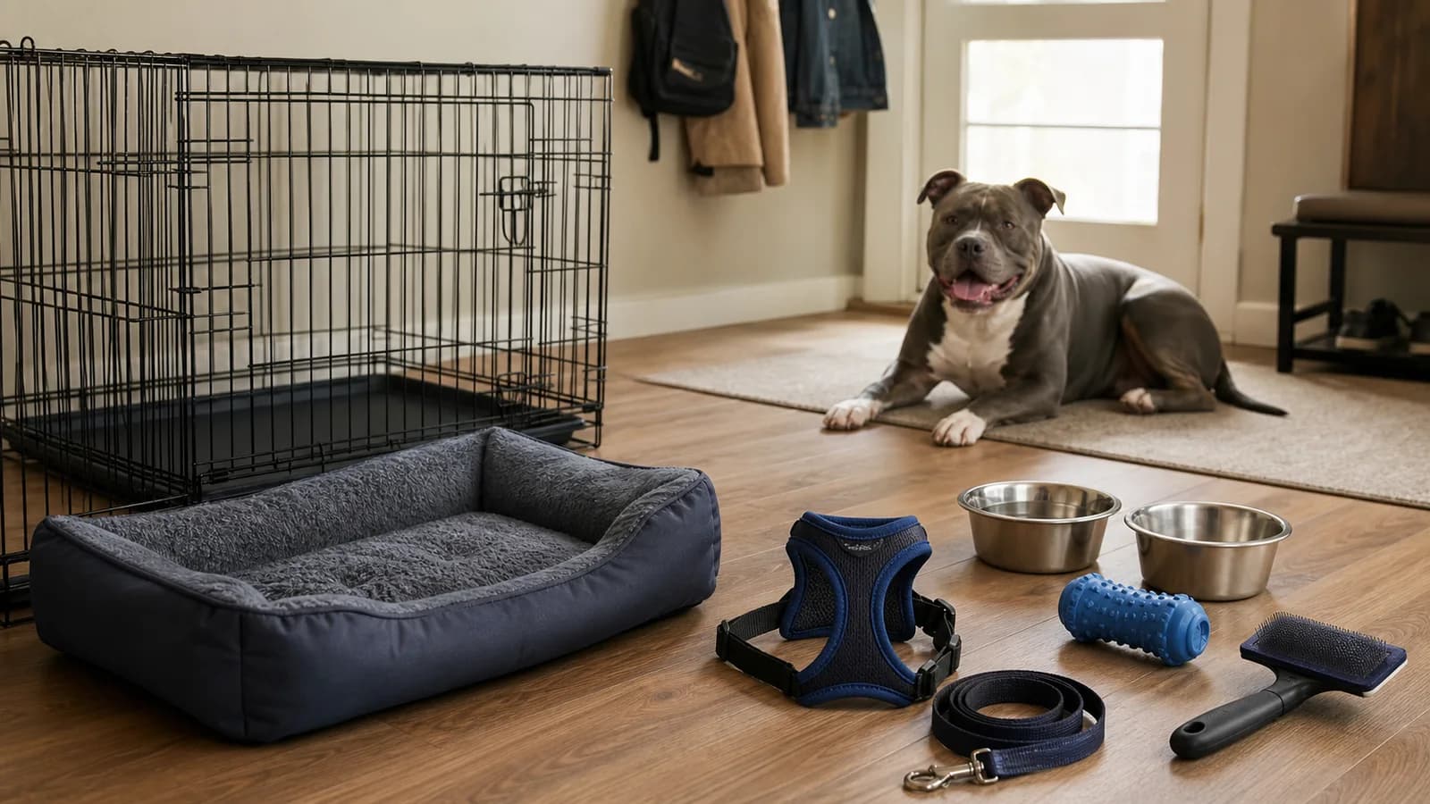 Durable unbranded American Bully starter equipment arranged in a real home