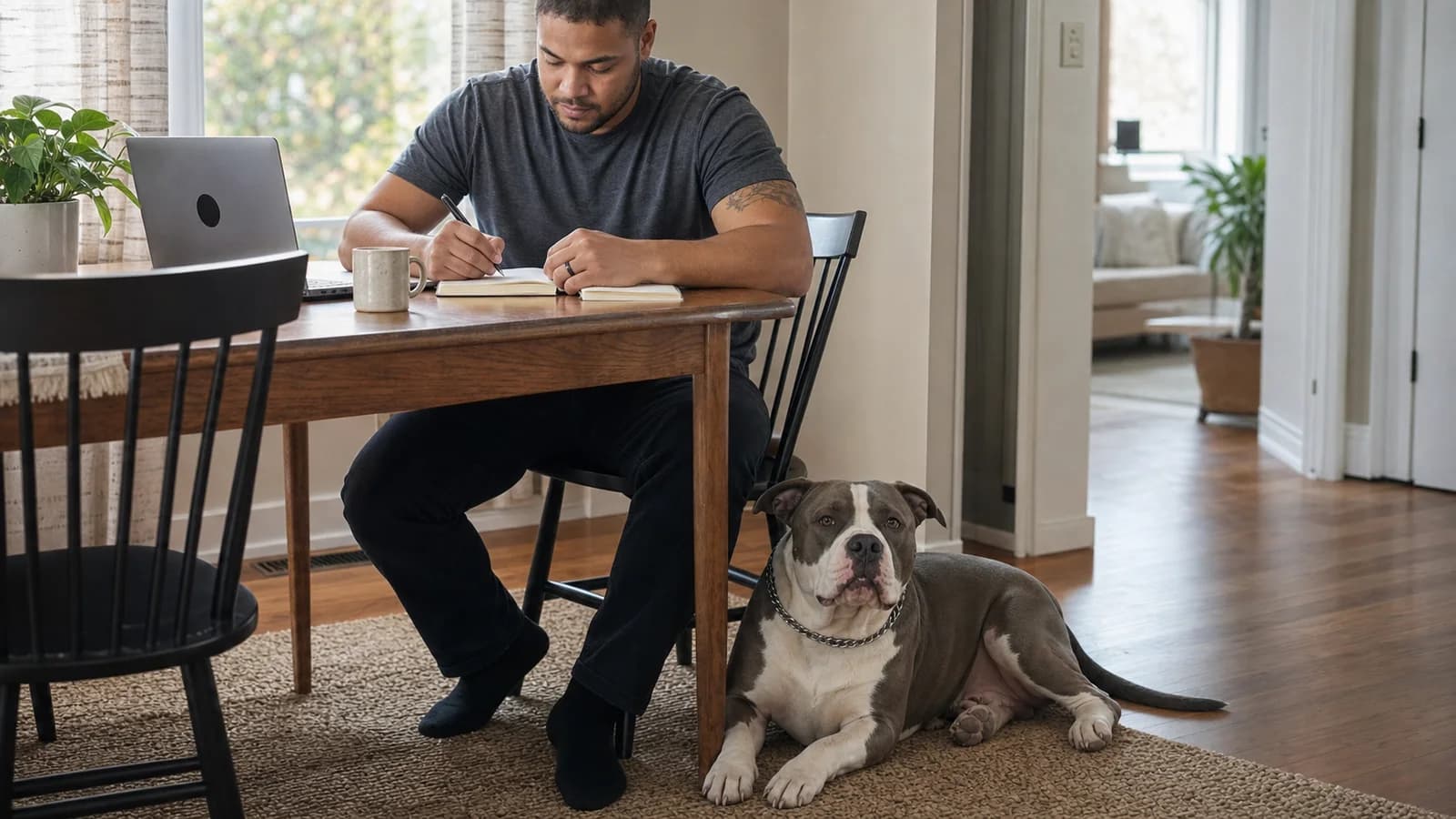 An American Bully owner planning a pet budget with the dog resting nearby