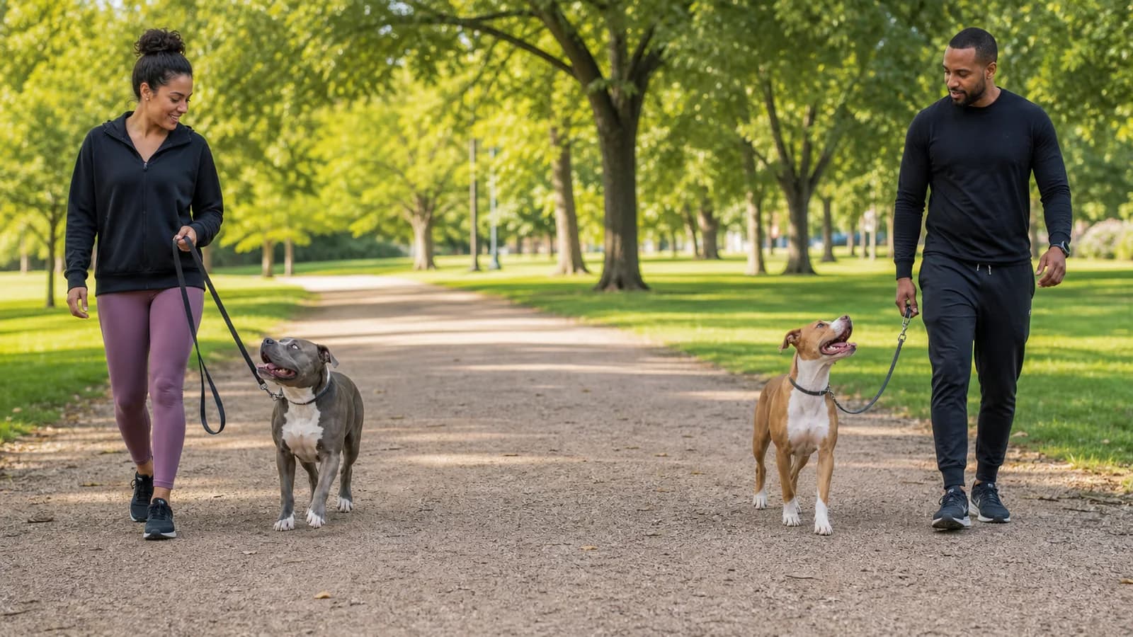 American Bully and American Pit Bull Terrier practicing calm reward-based training with separate handlers