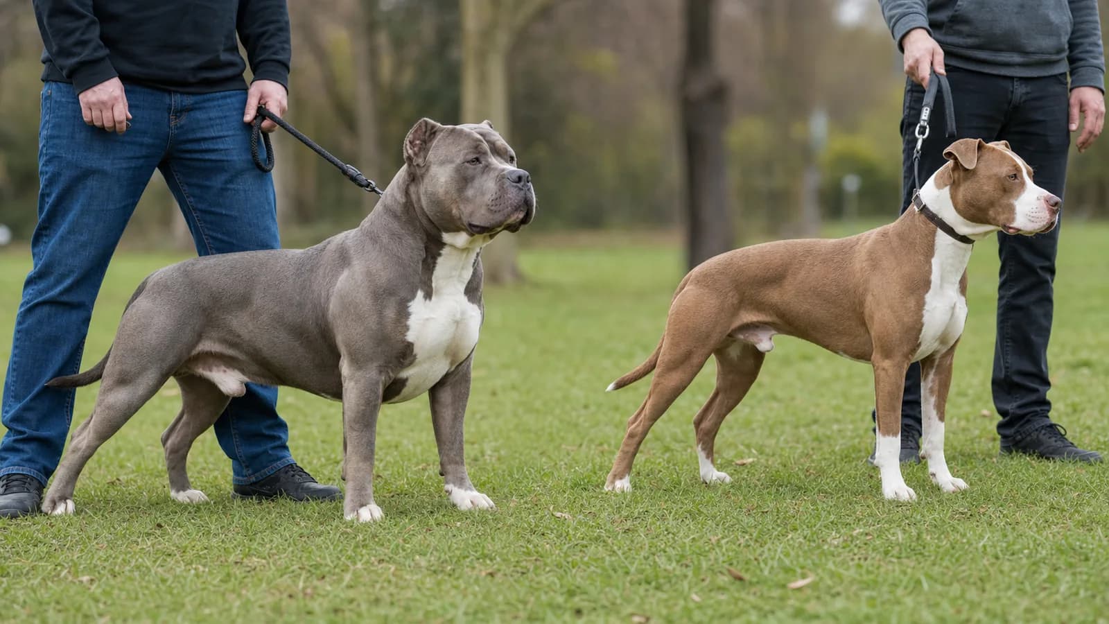 Accurate side profiles of a healthy American Bully and American Pit Bull Terrier standing on level ground