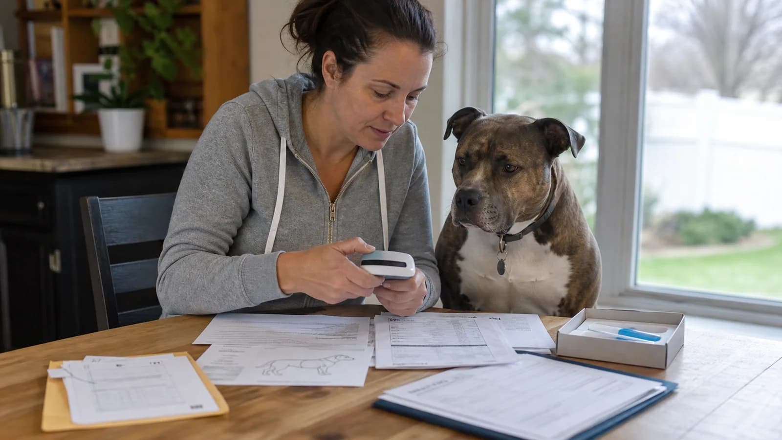 Owner reviewing registry records, microchip details, and a DNA kit beside a mixed-ancestry dog