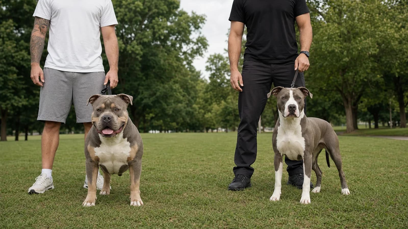 Healthy American Bully and American Pit Bull Terrier standing with separate handlers at the same scale
